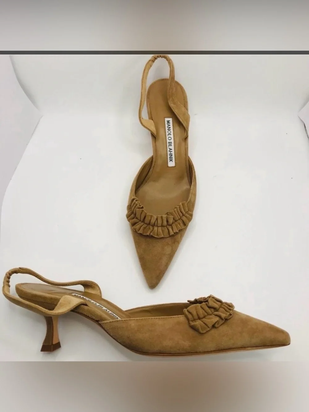Manolo Blahnik Camel Suede Pointed Slingback Pumps with Ruching